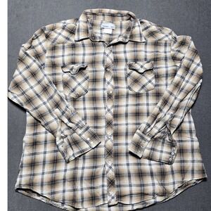 Wrangler Wrancher Western Plaid Pearl Snap Long Sleeve Shirt XXL Brown